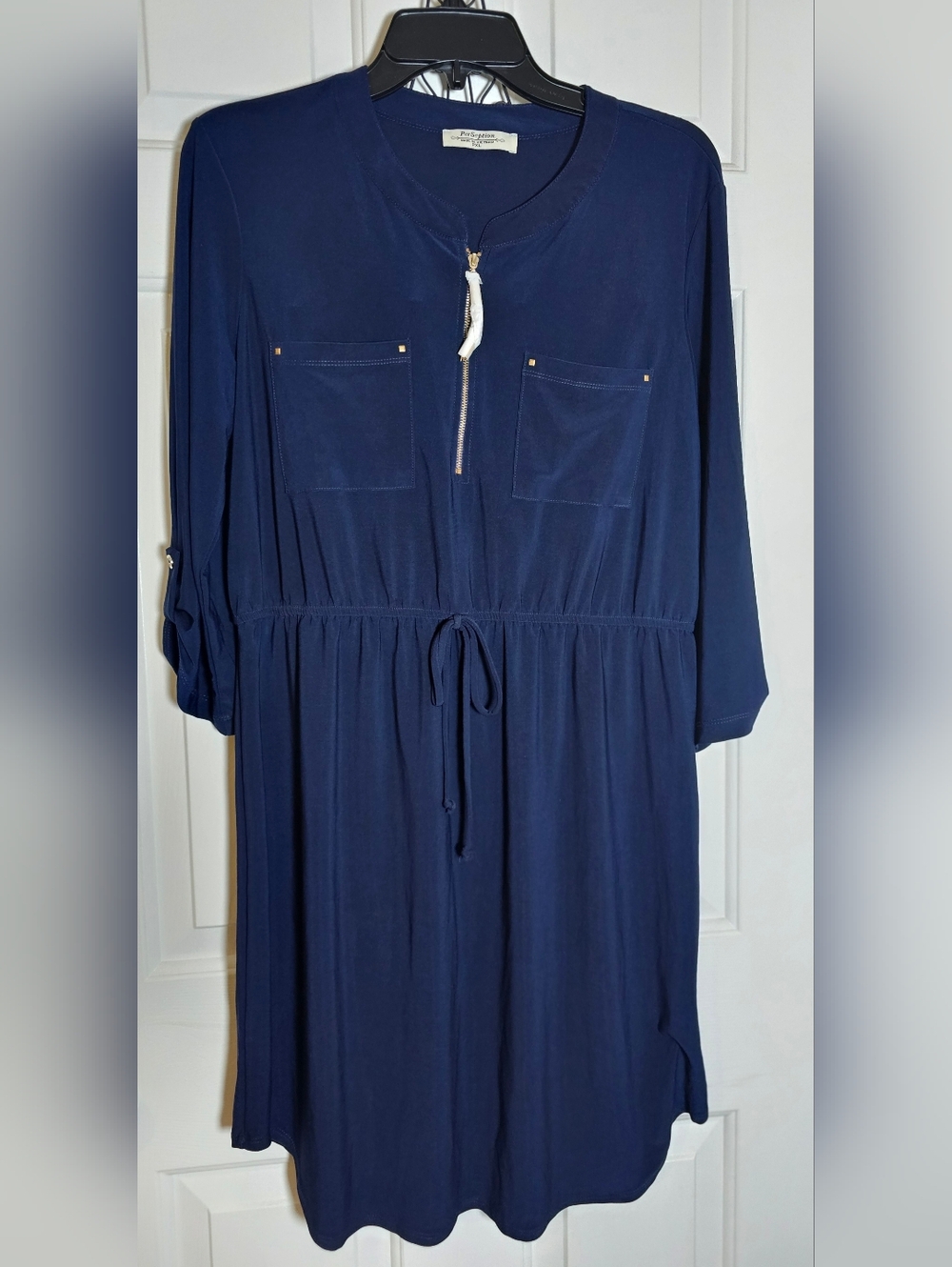 Perseption Navy Drawstring Zip-Front Long Sleeve Dress